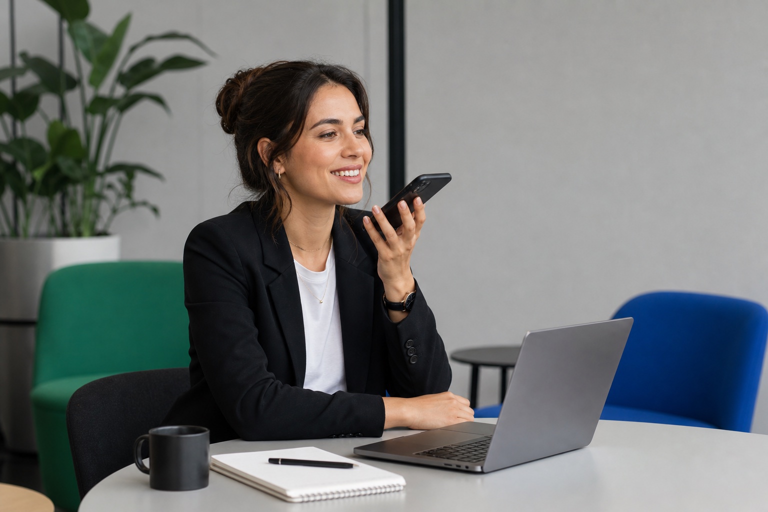 Customer Success professional recording a voice response beside her laptop