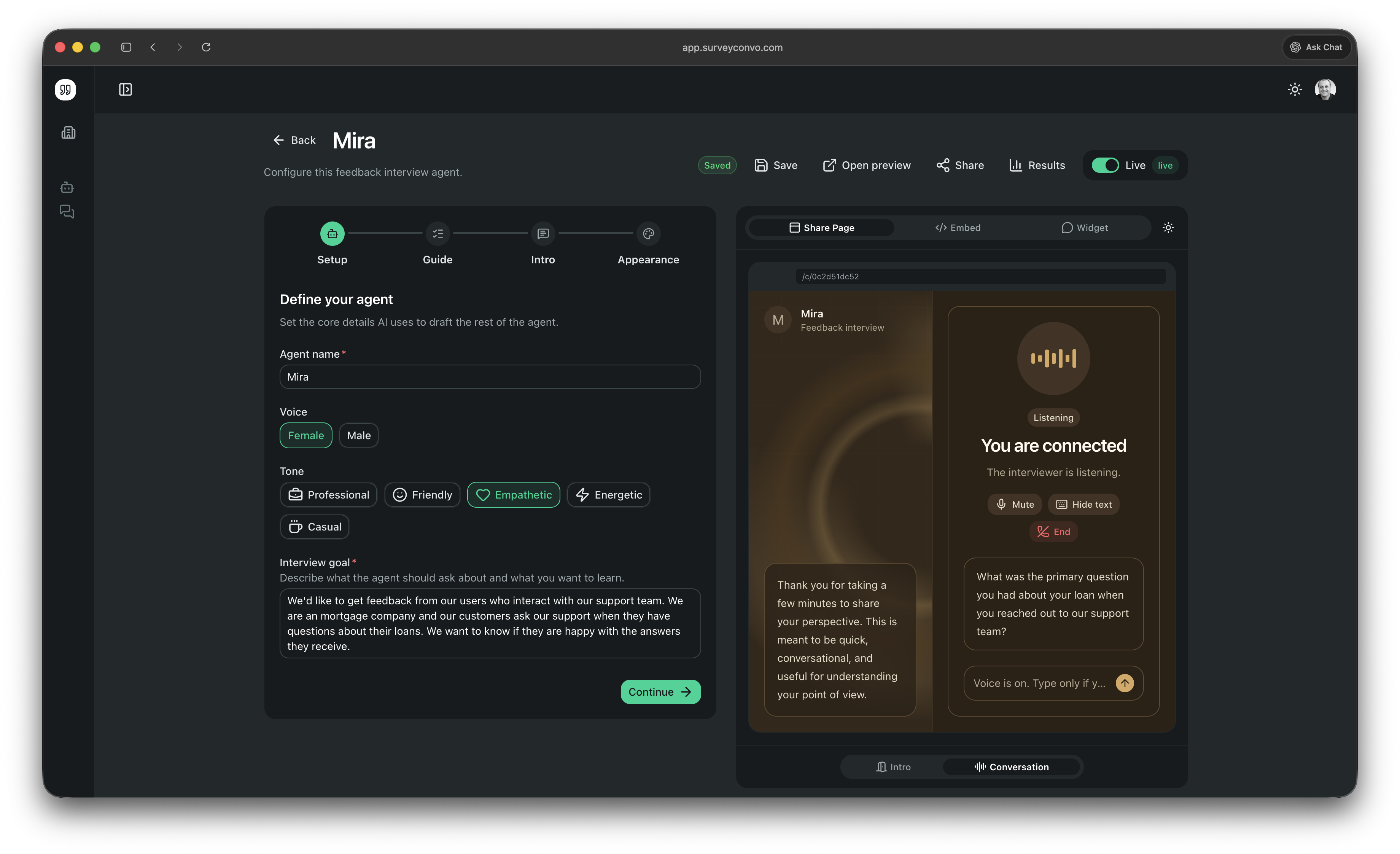 SurveyConvo agent setup screen: name the agent, pick a voice and tone, describe the interview goal, and preview the live interview
