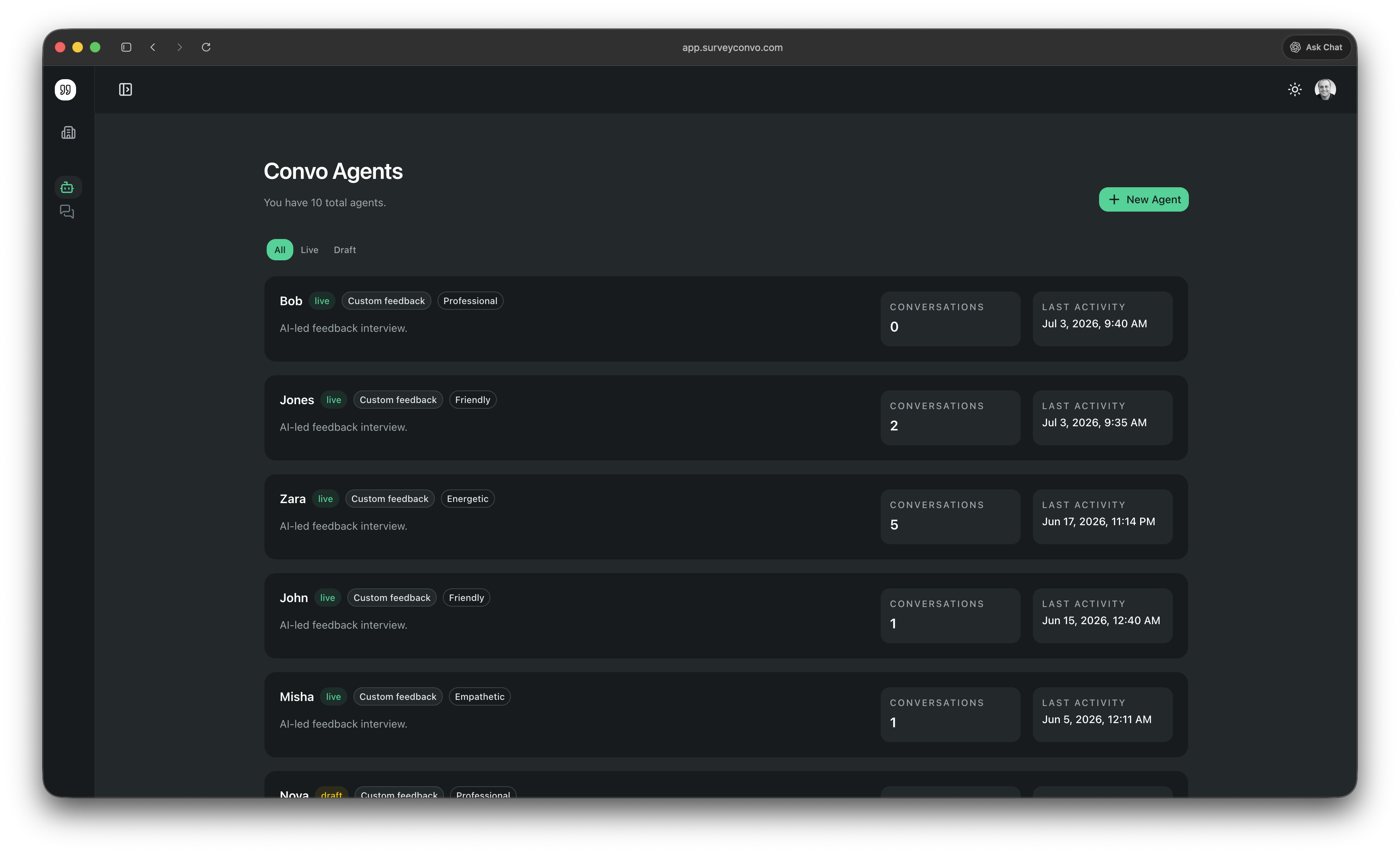 Convo Agents screen listing every agent with live or draft status, conversation counts, and last activity