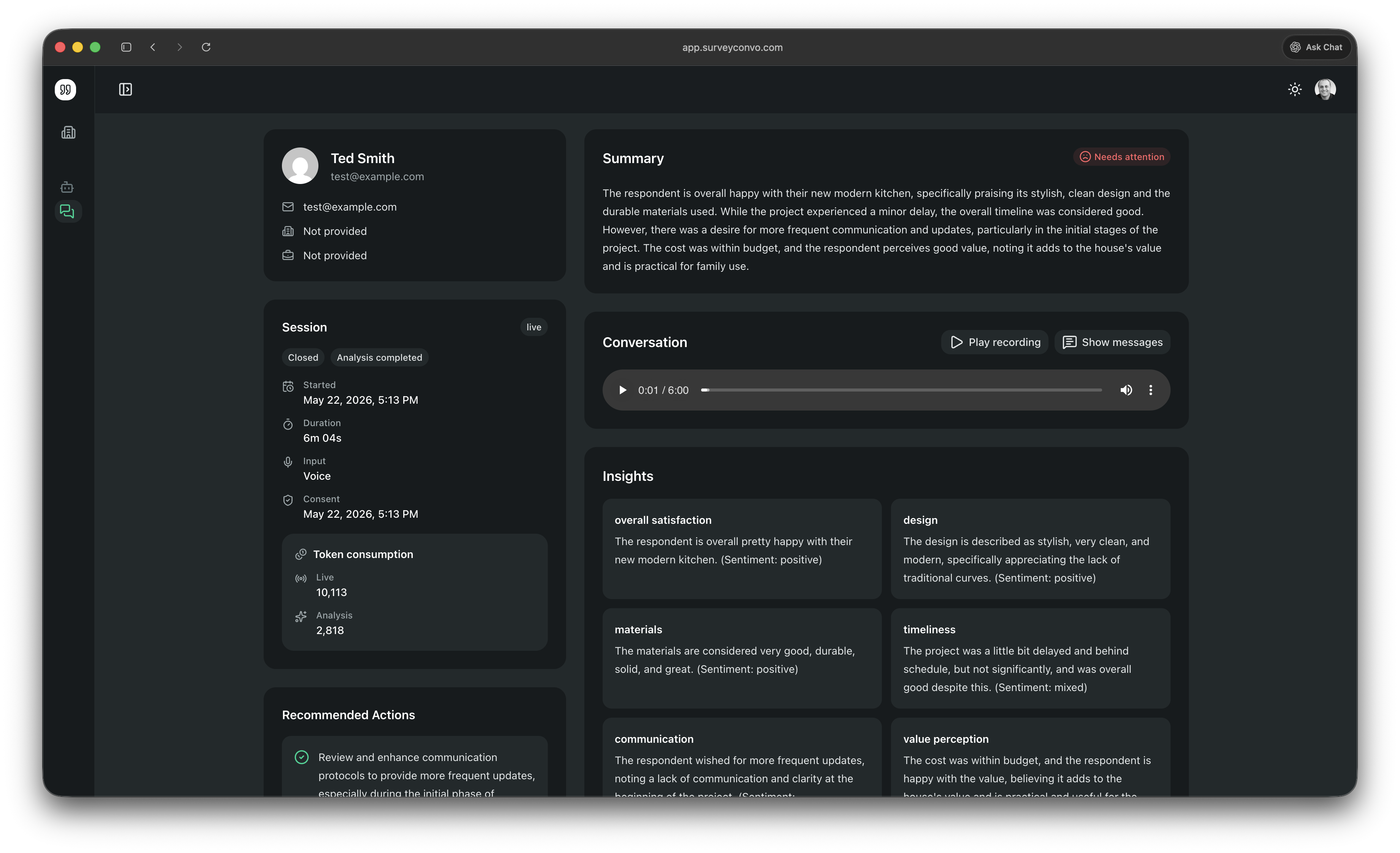 A single conversation record with summary, audio recording, sentiment-tagged insights, and recommended actions